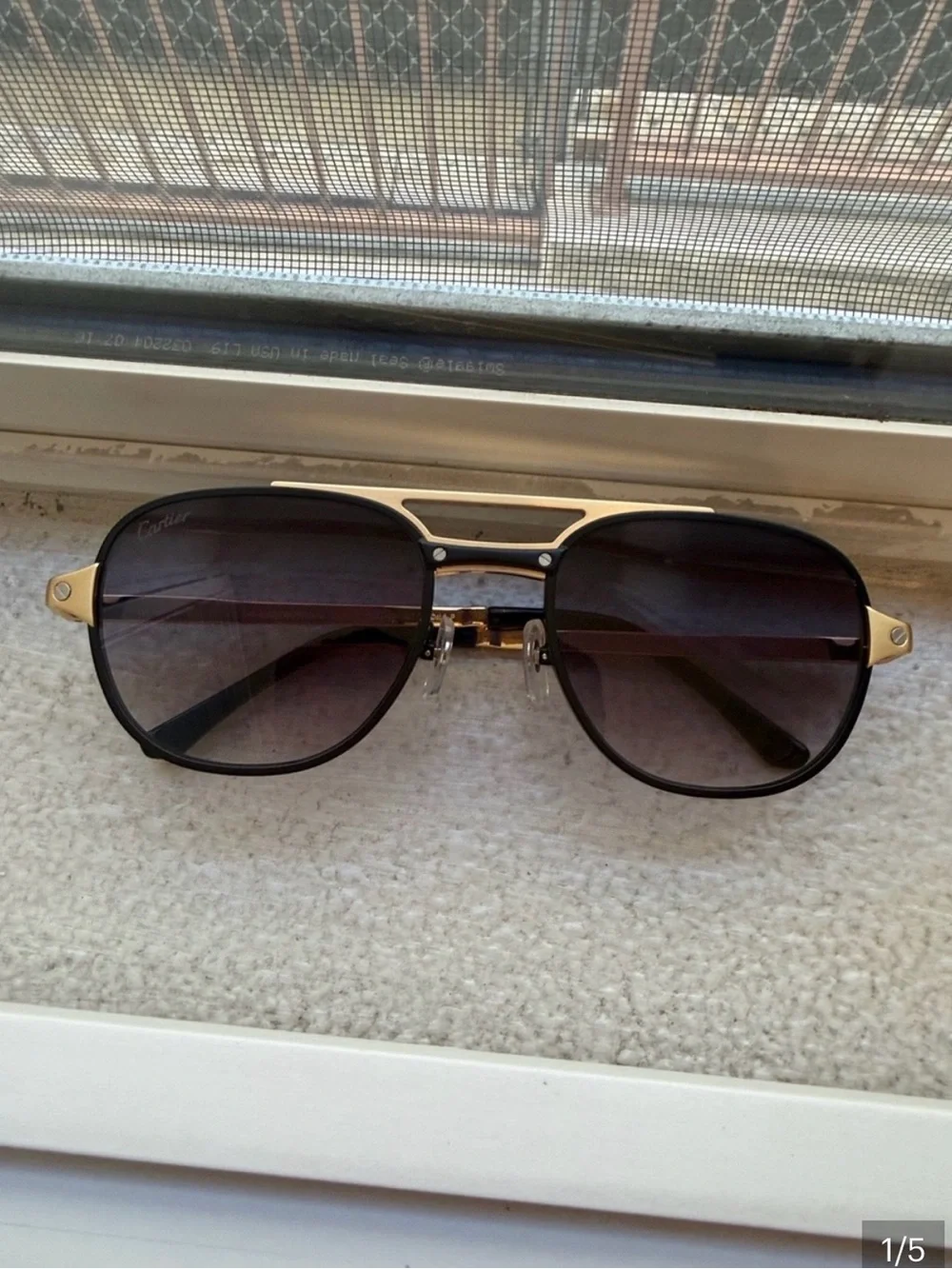 Cartier Men's Black and Gold Pilot Sunglasses with Brown Gradient Lenses